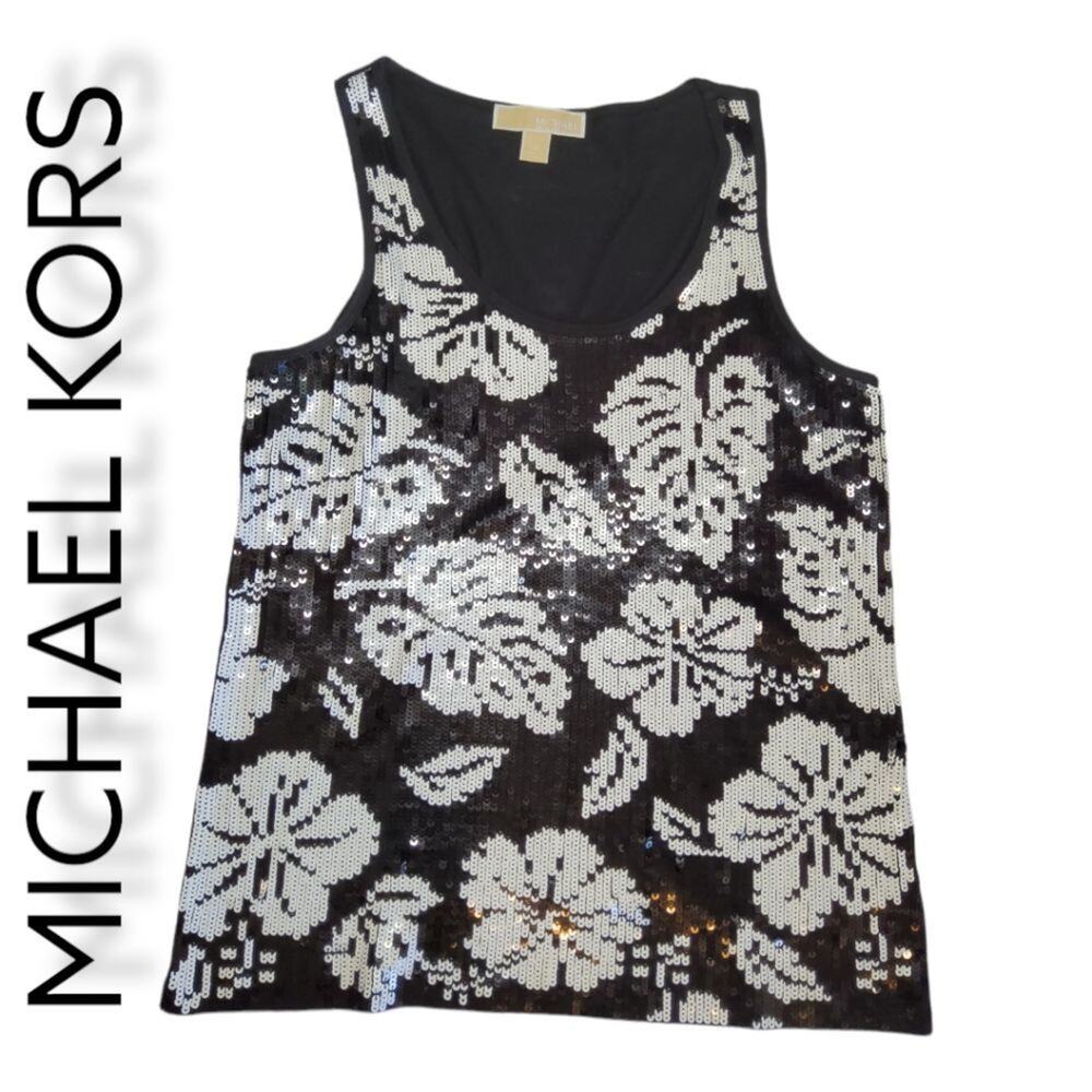MICHAEL KORS WOMEN'S BLACK & WHITE SEQUINEDTANK TOP. SIZE M